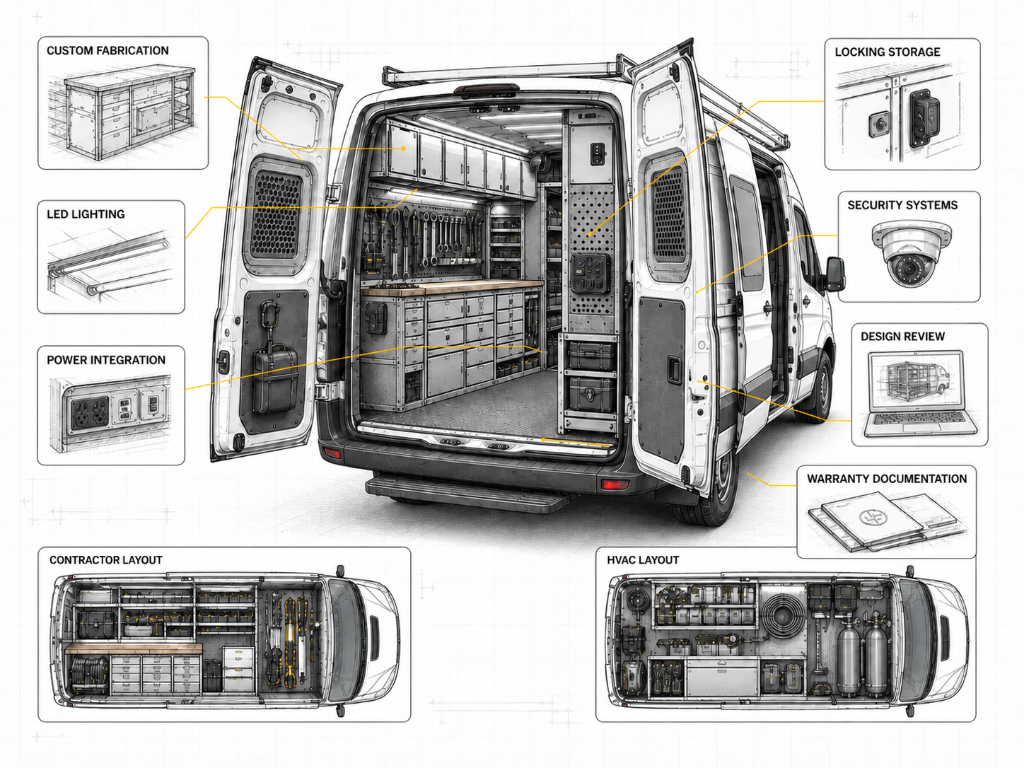 Wireframe diagram of a fully custom work vehicle build